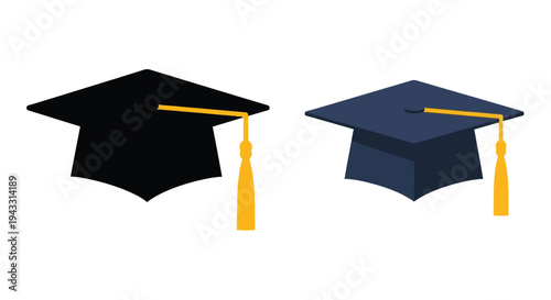 Two graduation caps depicted in contrasting color schemes