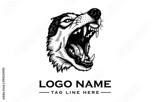 Black and white illustration of a snarling wolf's head with sharp teeth on a white background with logo name and tagline.