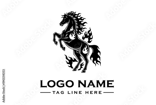 Black logo of a rearing horse with flowing mane and tail, accompanied by placeholder text for logo name and tagline on a white background.