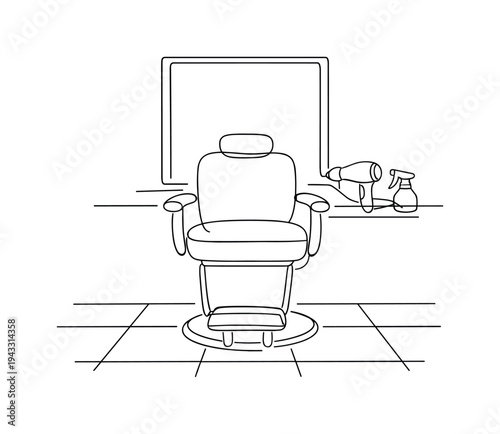 Empty barbershop chair centered in front of a large mirror, footrest extended, hairdryer and spray bottle resting on a nearby