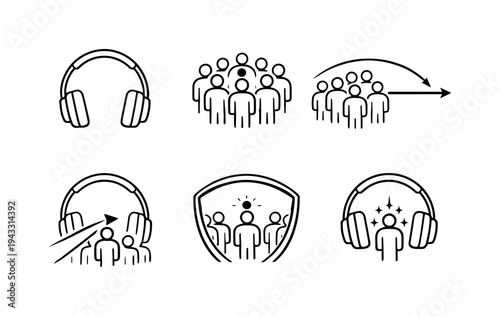 Line vector icons of headphones that isolate the voice of a needed person in a noisy crowd (directional voice pickup): headphone