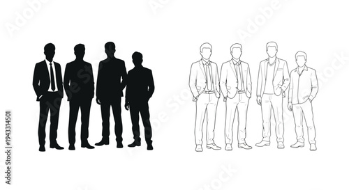 Silhouettes of four men in suits presented in black and white outlines