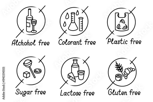 Set of six icons representing various dietary restrictions including alcohol-free, colorant-free, plastic-free, sugar-free, lactose-free, and gluten-free options