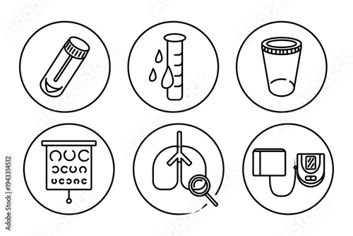 Medical diagnostic icons set featuring test tube, graduated cylinder, specimen cup, eye chart, lung diagram, and blood pressure monitor in a clean, minimalistic design