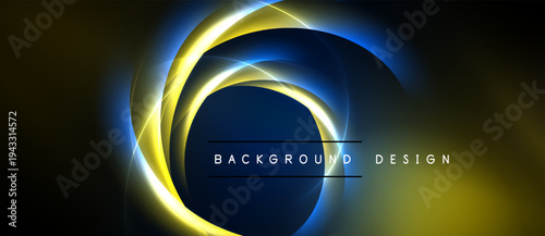 Abstract design features glowing circles, yellow hues, dark background. Modern aesthetic, dynamic composition, elegant presentation.