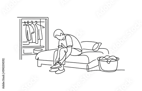 Simplified Bedroom Scene. Bedroom scene with person sitting on the edge of a bed trying on shoes, open wardrobe in the background