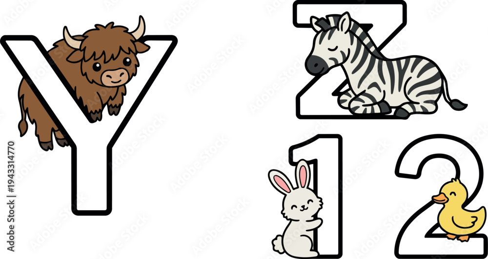 Fototapeta premium Cute cartoon baby bunny rabbit hugging number one with smiling baby yak on letter y and sleepy baby zebra on letter z and happy yellow duck on number two