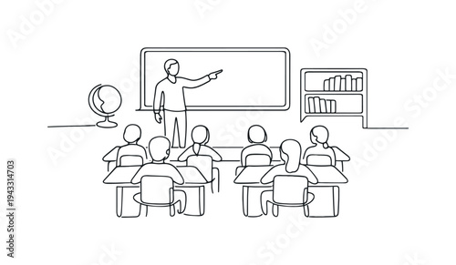 Teacher standing at the front of a classroom pointing to a chalkboard, rows of desks with seated students facing forward, globe