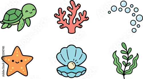 Cute smiling green turtle swimming near coral starfish seaweed bubbles and open clam with pearl in cartoon vector art style