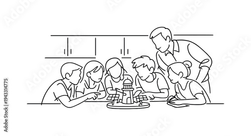 Group of students gathered around a table working on a science project, small model structure in the center, teacher leaning