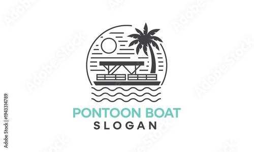 Pontoon Boat minimal line art style logo with palm tree and waves