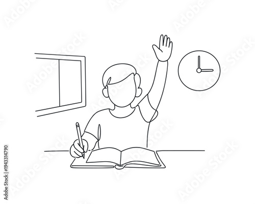 Student Hand Raised. Student raising a hand while sitting at a desk with an open notebook, pencil held upright, simple classroom