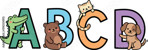 Cute cartoon animals cuddling colorful abc letters with crocodile bear cat and dog playful children learning illustration