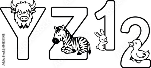 Black and white vector art with animal themed letters y z and numbers one two featuring bison zebra rabbit and duck line drawing style