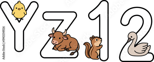 Cute animal characters sitting on outlined letters and numbers including chick on y ox on z squirrel on 1 and swan on 2 vector art