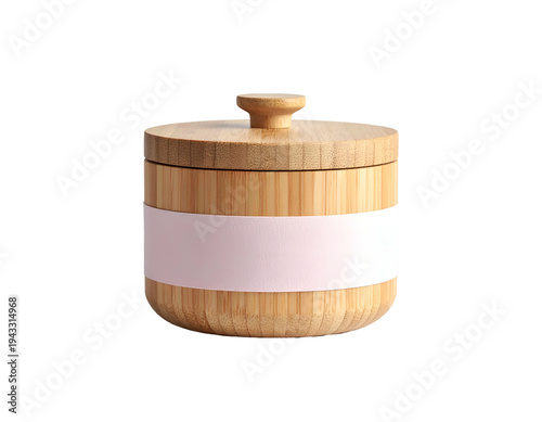 A cylindrical bamboo container with a rounded lid and light pink band