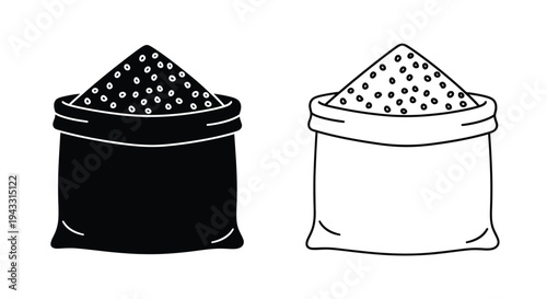 Two sacks filled with granular material black and white illustration