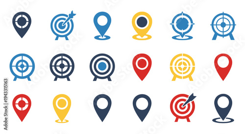 Collection of colorful target and location marker icons on white background