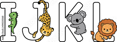 Cute vector art of green iguana climbing letter i playful leopard hanging on letter j sleepy koala hugging letter k friendly lion sitting beside letter l