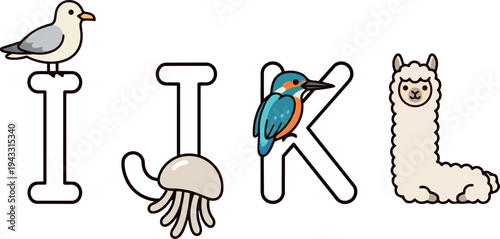 Cute animal alphabet vector letters i j k l with sea gull jellyfish kingfisher bird and llama illustrations