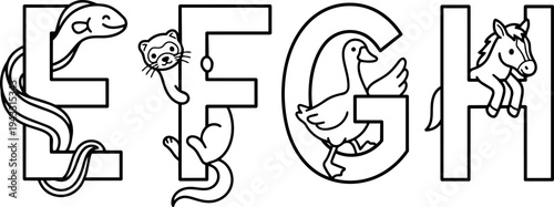Black and white vector art of snake ferret goose and horse interacting with large outlined letters e f g h playful animal design