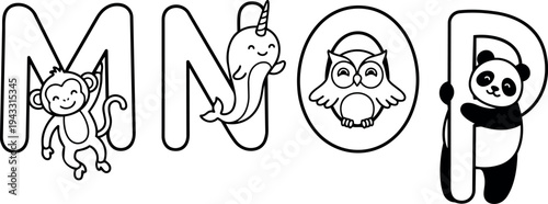 Cute black and white animal vector letters m n o p with monkey narwhal owl and panda hugging the font