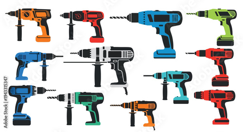 Collection of colorful power drills and a hammer drill on a white background