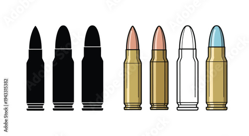 A collection of bullets depicted in varying styles and colors