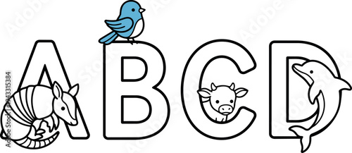 Black and white abc letters with armadillo bird cow and dolphin cartoon style education alphabet vector art