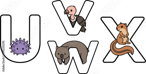 Cute animal characters including purple sea urchin vulture quokka and chipmunk sitting on black outlined letters u v w x in vector style