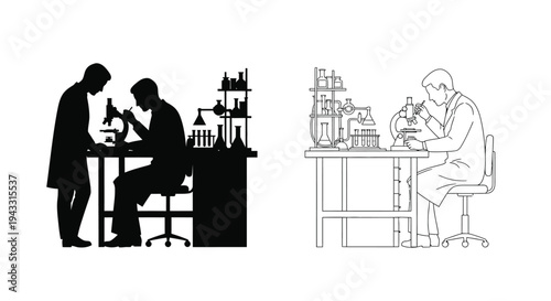 Scientists working in a laboratory depicted in silhouette and outline styles