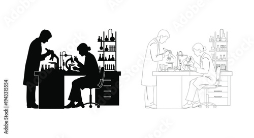 Scientists working in a laboratory setting depicted in silhouette and outline