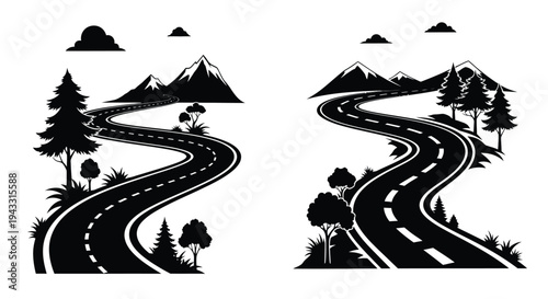 Winding roads through mountainous landscapes in a black and white illustration