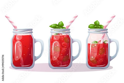 A jar with a refreshing strawberry drink, mint and a straw