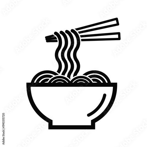 Noodle Bowl Icon with Chopsticks - Black and White Line Art Illustration