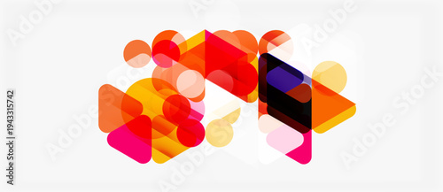Abstract composition featuring overlapping colorful shapes. Circles, triangles, squares create dynamic visual texture. Bright hues dominate design.