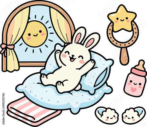 Cute cartoon bunny stretching on blue pillow near window with sun shining and baby toys pacifier bottle star rattle colorful