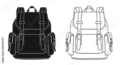 Two detailed sketches of vintage style leather backpacks side by side