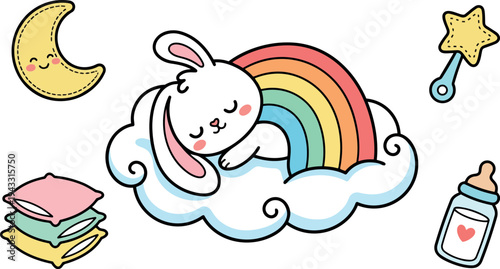 Cute sleeping white bunny on fluffy cloud with colorful rainbow surrounded by baby bottle moon and pillows
