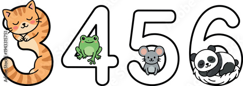 Cute sleeping cat curled inside number three with green frog on number four and gray mouse on number five and sleeping panda curled on six