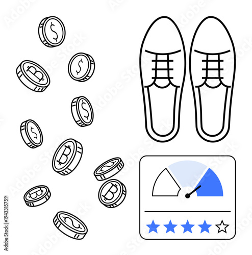 Cryptocurrency concept. Coins with Bitcoin and dollar signs reflect financial growth. Includes user ratings, product feedback, and performance metrics. For fintech, reviews, e-commerce, retail