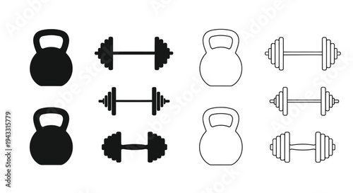 Black and white illustrations of kettlebells and barbells in various styles
