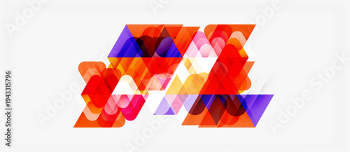 Abstract geometric shapes overlap, creating vibrant color composition. Red, purple, orange hues dominate design. Modern, dynamic visual.