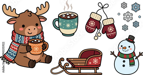 Cute cartoon moose holding hot chocolate cup with winter scarf and cozy holiday winter mittens sled and snowman with scarf and hat