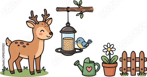 Cute smiling deer standing near bird feeder with small blue bird on branch watering can and potted flower cartoon vector art illustration isolated on white background