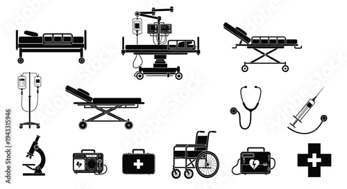 Medical equipment collection hospital beds stretchers and diagnostic tools