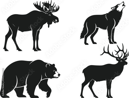 Canvas Print Wild animals silhouette collection with moose howling wolf bear and deer cad dra