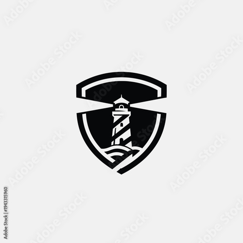 Guiding lighthouse and protection shield logo, symbolizing safety and reliability on an isolated white background.