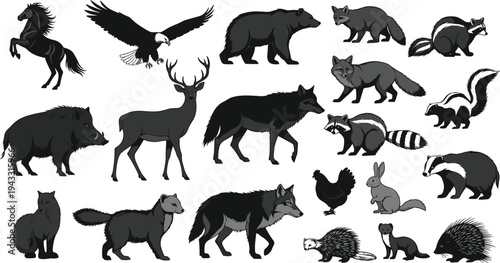 Wild animals silhouette collection with wolf bear eagle deer horse and fox cad drawing flat vector illustration isolated on white