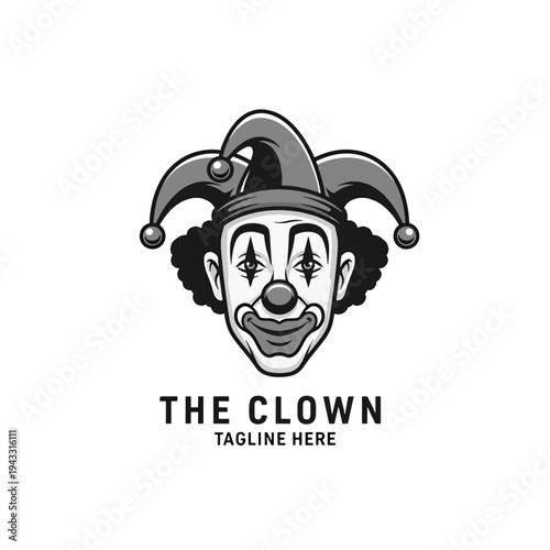 Monochrome Jester Character Head Illustration in Artistic Vector Style, Front View Portrait